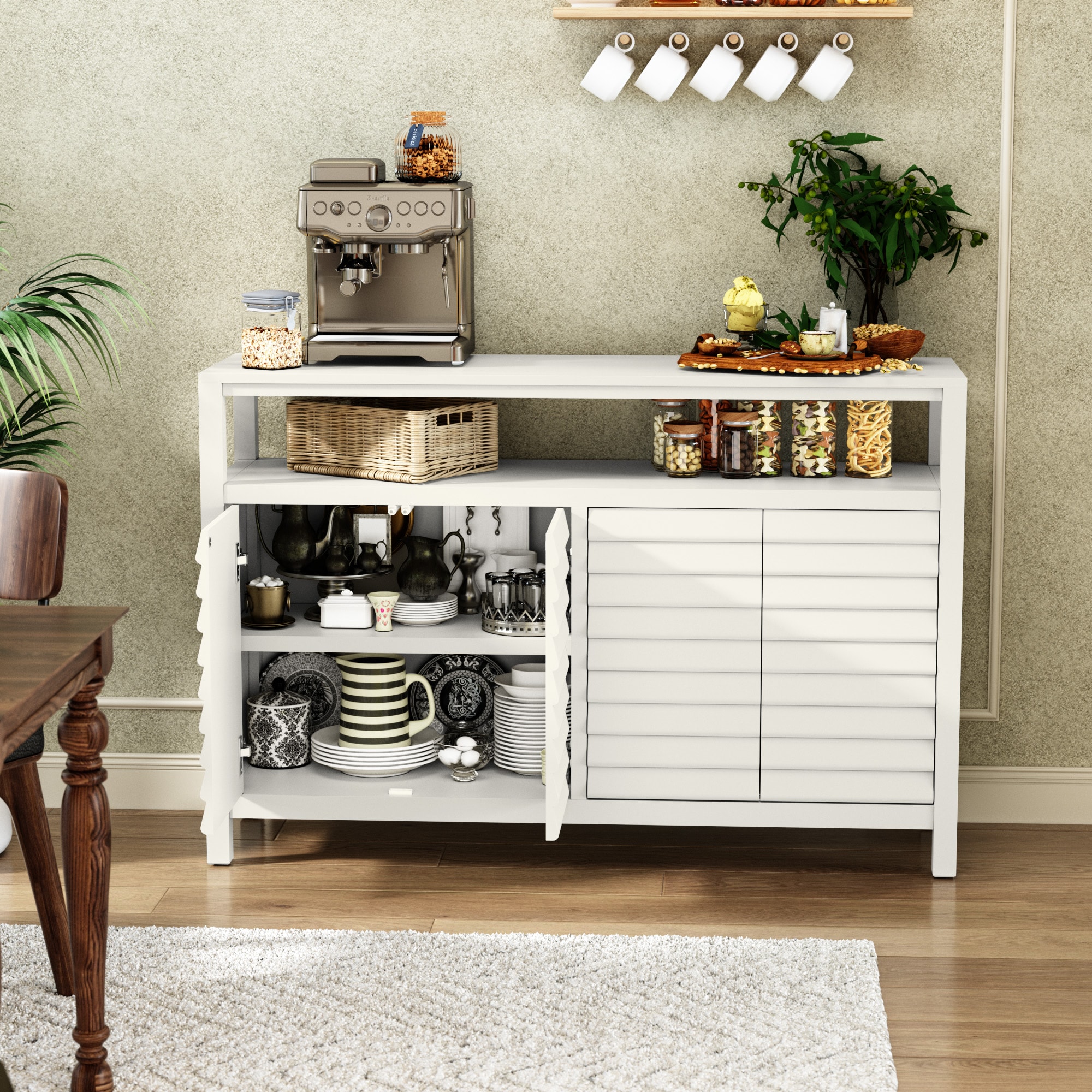 Home Office Cabinet With 4 Doors&Shelves, Accent Storage Cabinet With Decorative Louvered Doors, White Credenza Storage Cabinet For Living Room, Hallway, Kitchen, Dining Room_voghion.com